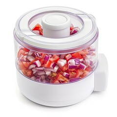 A food chopper containing diced tomatoes and onions for meal preparation.