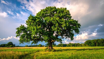 Obraz premium Majestic Oak Tree Standing Tall in a Vibrant Green Meadow Under a Dramatic Sky with White Clouds Nature Background
