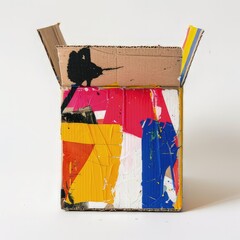 A colorful, abstract cardboard box filled with vibrant paint strokes.