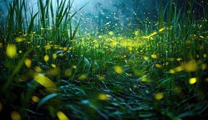 Firefly meadow at night. Lush green grass illuminated by glowing fireflies