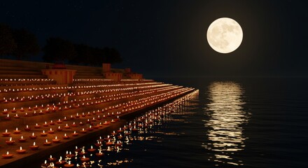 Tripuri Purnima, Riverbank filled with rows of lamps glowing under the full moon, reflections creating a celestial mirror