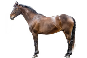 A brown horse standing in profile against a white background.