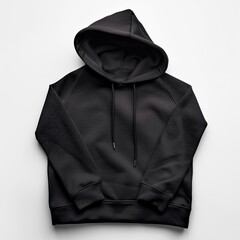 A black hoodie displayed flat, showcasing its design and fabric texture.