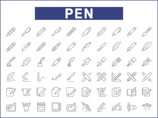 Simple Set of pen Related Vector Line Icons. Vector collection of pencil and quill pen, marker pen, stationery, writing, literature, pen nib symbols or logo elements in thin outline.