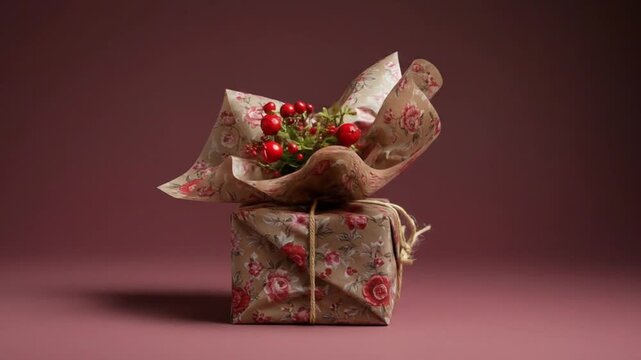 Wrapped present with floral design and berries