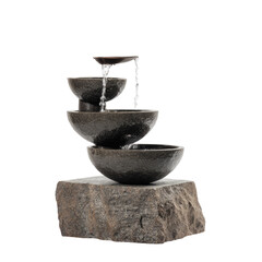 Three tiered dark gray stone bowl fountain with cascading water