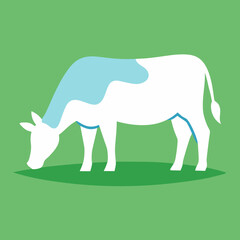 Stylized white cow with blue patches grazing on a green field