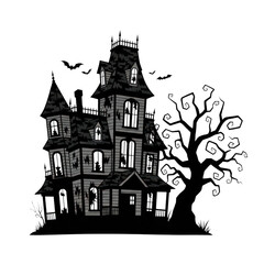Fototapeta premium Spooky haunted house illustration in black and white, featuring bats and a gnarled tree for a halloween theme isolated on transparent background