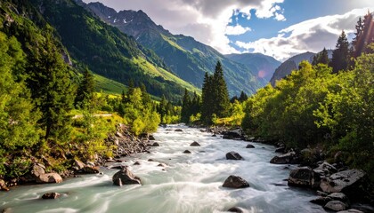 Scenic Mountain River Landscape with Green Trees and Sunny Sky Flowing River among Lush Greenery and Rocky Terrain Under Bright Sunlight