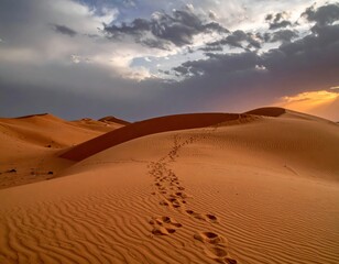Desert Sunset: Footprints in the Sahara's Golden Sands Under Dramatic Sky