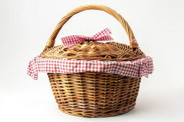 Obraz premium A woven picnic basket with a checkered cloth, ideal for outdoor meals.