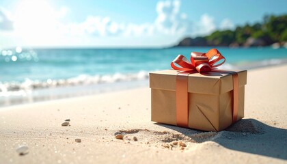 Naklejka premium A gift box sits on the sandy beach, with ocean waves gently lapping nearby under a sunny sky.