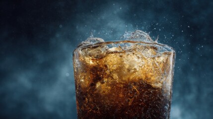 Refreshing cola beverage with ice cubes spilling over the glass rim delight