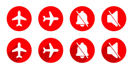 Airplane mode, silent bell and mute speaker icon with long shadow
