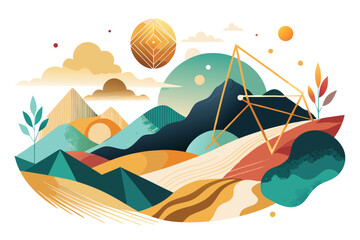Colorful abstract landscape with mountains, clouds, and geometric shapes in a serene setting