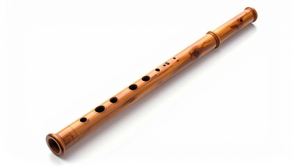 Render a traditional Japanese shakuhachi bamboo flute with smooth finish, visible finger holes, and natural coloration, isolated on white background, emphasizing cultural craftsmanship and meditative 