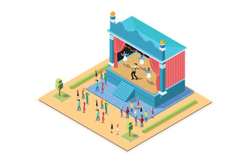 Isometric Illustration of Music Event stage with dancing and happy people enjoying music, Isometric 3d Concept of Concert Party and Stage Landscape.