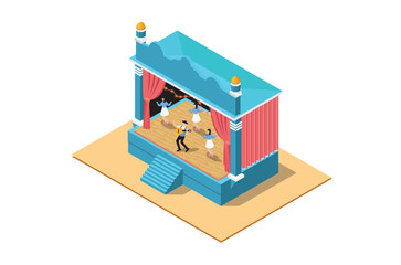 Isometric Illustration of a Music Event stage, 3d Concept Isometric View of Concert Party Background and Stage Landscape.