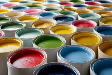 Fototapeta premium Colorful array of open paint cans displaying vibrant hues and shades