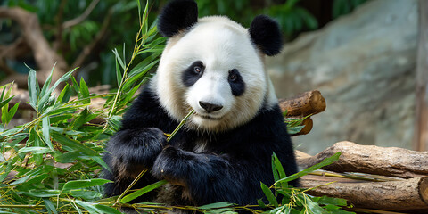Fototapeta premium Relaxed Panda Chewing Bamboo in Natural Habitat