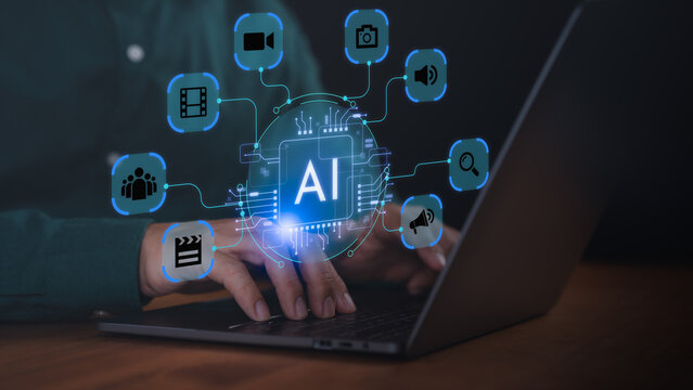 Hands typing on laptop with glowing AI technology icons for video, camera, sound, search, and communication, representing artificial intelligence, machine learning, digital media, and innovation. - Powered by Adobe