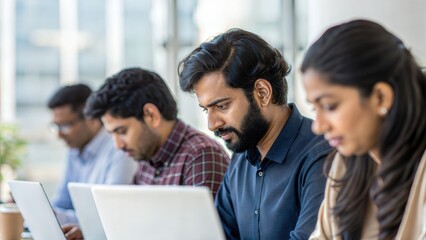 Group of Indian designers working on project — teamwork with laptop in professional office space