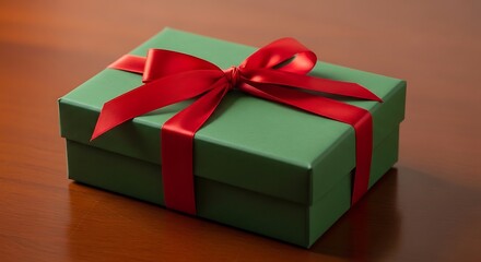 Obraz premium Elegant green gift with lustrous red ribbon on reflective surface