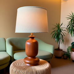 Teak wood table lamp with a fabric shade in a midcentury living room