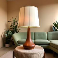 Teak wood table lamp with a fabric shade in a midcentury living room