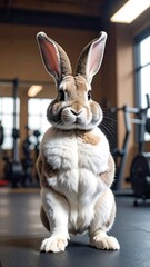 A bunny with muscles in a gym