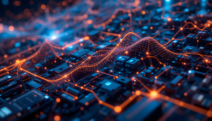 Dynamic digital network visualization with glowing orange data streams flowing over intricate circuit board connections, representing technology and innovation.