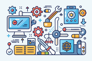 Tools, gears, and technology in a colorful arrangement showing a creative workspace and engineering environment