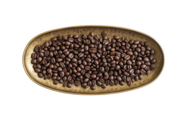 Overhead view of roasted coffee beans arranged in an oval gold plate isolated on transparent background, showcasing their rich color and texture in a clean style