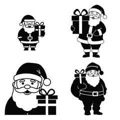 santa with gift icon set, black color and white background