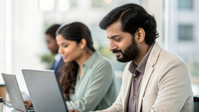 Indian colleagues using computer side by side — web development and digital innovation in office