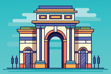 Fototapeta premium Iconic arch structure with vibrant colors and simple design in a bright blue background setting