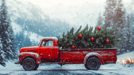 Vintage red Christmas truck carrying a fir tree. Festive background