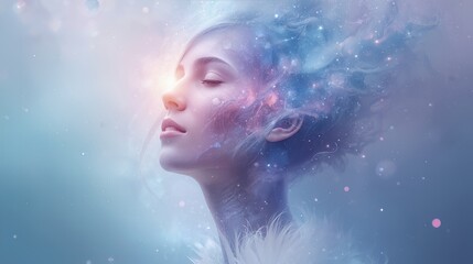 Surreal ethereal portrait of a person&rsquo;s head surrounded by vibrant nebulae and soft starlight, conveying freedom, emotional clarity, and spiritual exploration