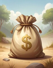 A burlap money bag on a sandy path