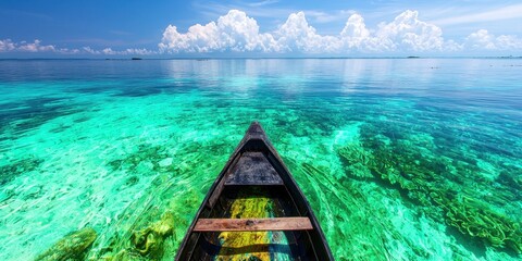 A serene view of a wooden boat floating on crystal-clear turquoise waters, surrounded by vibrant coral reefs and puffy clouds under a bright blue sky.