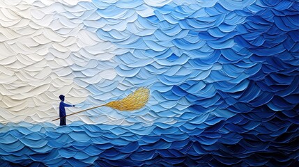 A person stands on a boat, casting a net into vibrant blue waves, creating a serene and artistic view of the ocean.