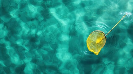 A bright yellow net is submerged in clear turquoise water, creating ripples and capturing the essence of aquatic tranquility.