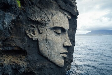 A carved face sculpture emerges from a rocky cliffside, overlooking the ocean under a cloudy sky, creating a striking interplay of nature and art.
