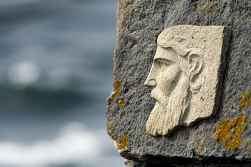 A stone relief of a bearded figure is carved into a rock by the sea, showcasing intricate details against a blurred ocean background.