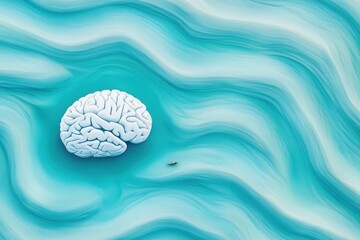A stylized brain floats above swirling waves of blue, evoking thoughts of creativity and mental exploration.