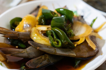 prawns and vegetables marinated with soy sauce, called ganjang gejang, a Korean cuisine