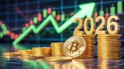 Bitcoin 2026 Growth Concept – Stacks of Gold Bitcoin Coins with 3D 2026 Numbers, Rising Green Stock Market Arrow and Financial Chart Background