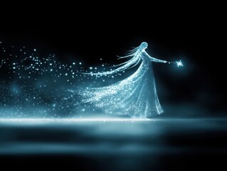 A mystical figure in a sparkling gown wields a star, surrounded by shimmering dust against a dark backdrop, evoking a sense of magic and wonder.
