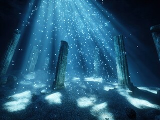 An ethereal underwater scene with light beams illuminating ancient stone pillars and particles floating, creating a mystical atmosphere.