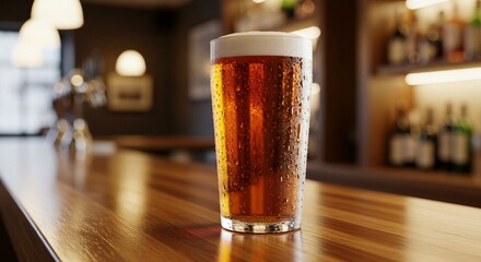 cold bear on a wooden bar counter in a pub